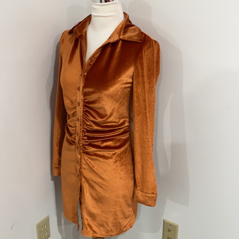 Orange crushed velvet button down dress